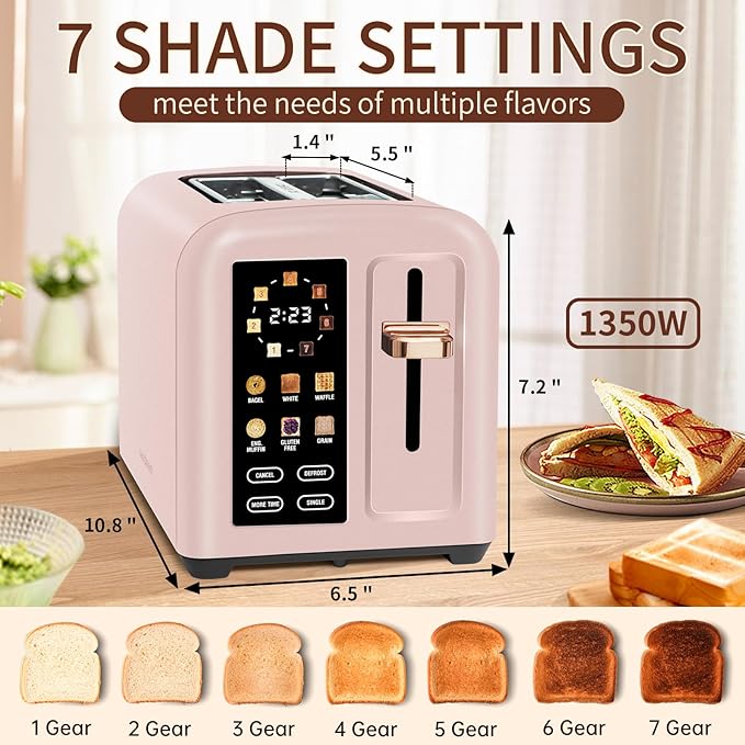 SEEDEEM Toaster 2 Slice, Touch Control Stainless Toaster LCD Display, 50% Faster Heating Speed, 1.4'' Wide Slots, More Timer Functions, Removable Crumb Tray, 1350W, Crystal Pink