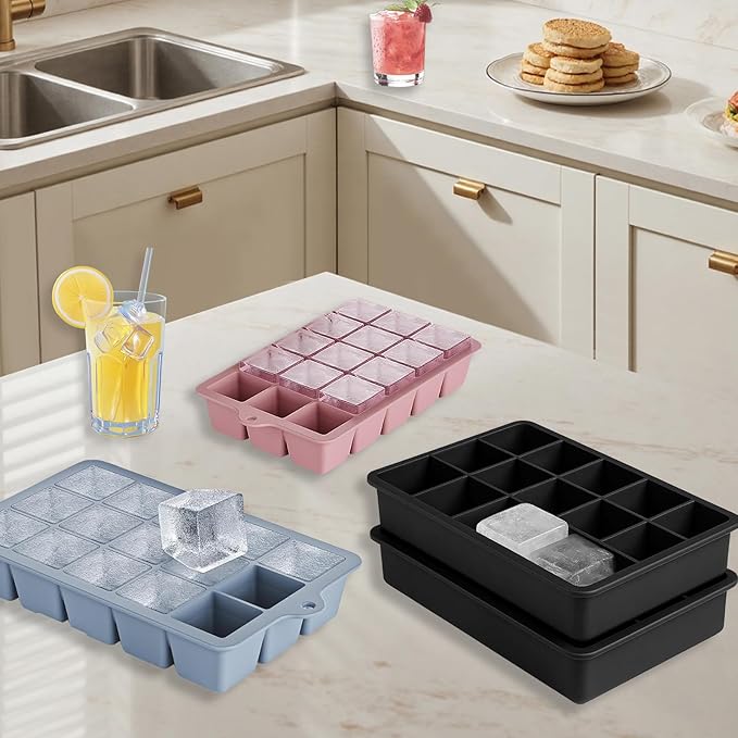 Large Silicone Ice Cube Trays with Lid, Make 15 Ice Cubes per Tray, Include 7.7in Ice Tongs - Ideal for Freezer, Drinks