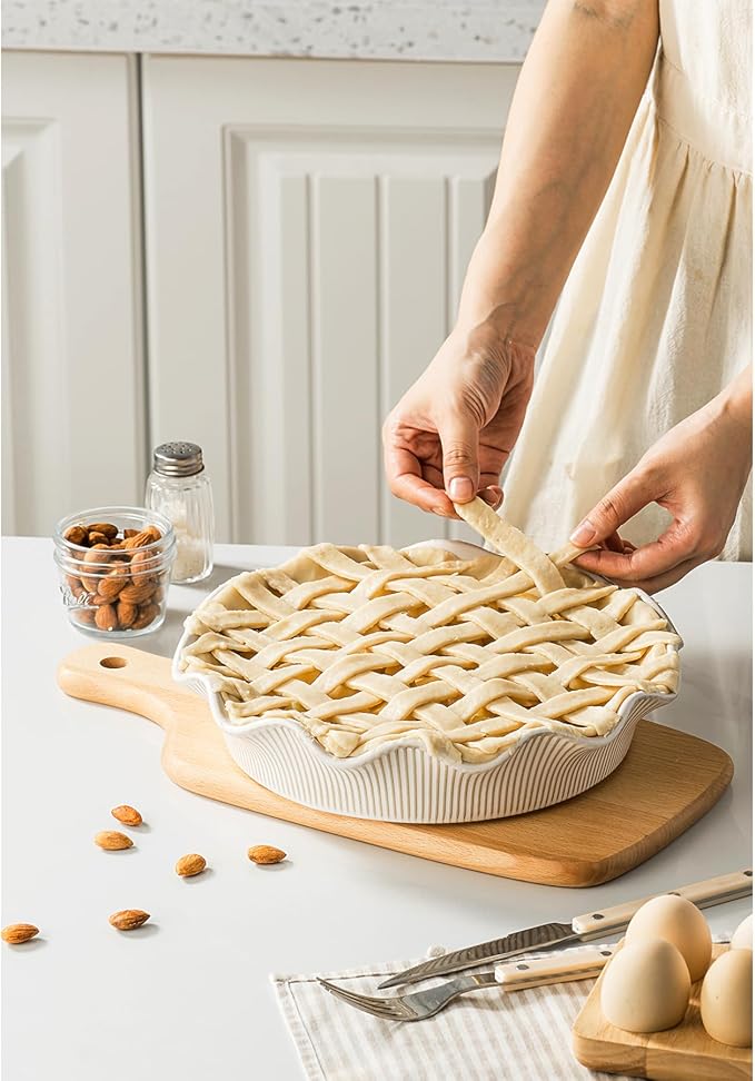 Ceramic Deep Pie Pan for Baking, 11 inch Porcelain Pie Dish for Apple Pie, Oven & Dishwasher Safe, Farmhouse Decor, 48 Ounce Deep Plate for Kitchen, Non-Stick Pie Pans, Off-White