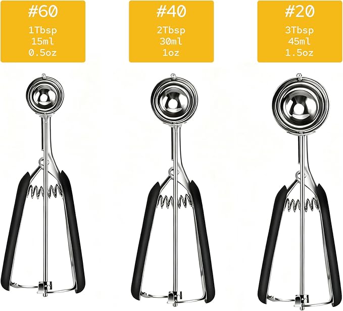Cookie Scoops for Baking Set of 3, Include 1 tablespoon/2 tablespoon/3 tablespoon, 18/8 Stainless Steel Cookie Scooper for Baking, Non-slip Grip, Ice Cream Scooper with Trigger Release