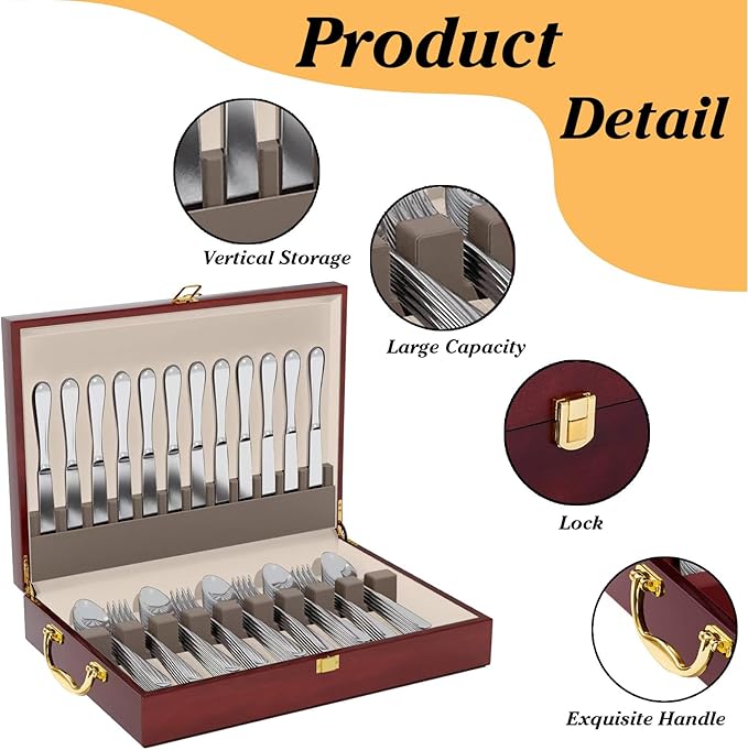 Wooden Silverware Storage Box With Lid, Cutlery Case With Handle & Felt Lined, Silver Flatware Chest for 12 Sets of Utensil for Forks, Knives, Spoons, Kitchen and Dining Organizer, Brown