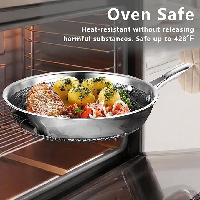 Non Stick Frying Pans Set, 8" 9.5" 11" Stainless Steel Pan Set, Ceramic Skillet with Stay-Cool Handle, Non Toxic, PFAS PFOA PTFE Free, Dishwasher Safe, Induction, Suitable with All Cooktops
