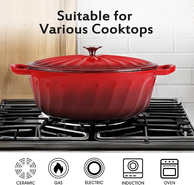 Enameled Oval Dutch Oven Pot with Lid, 7 QT Cast Iron Dutch Oven with Dual Handles for Cooking, Bread Baking, Frying, Non-stick Enamel Coated Oven (7 QT Gradient Red)