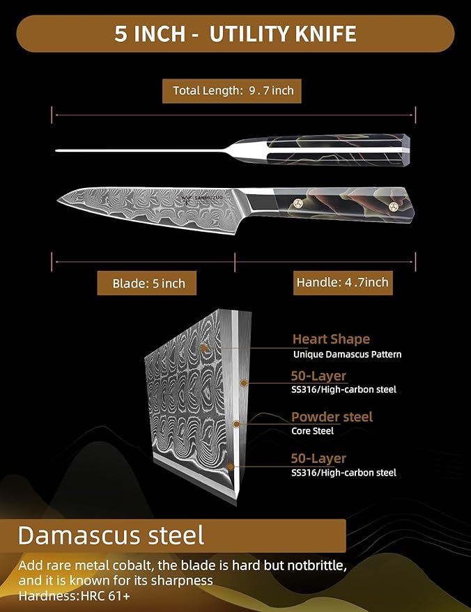 Kitchen Utility Knife 5 Inch, Professional Kitchen Chef Knife, Ultra Sharp Damascus Powder Steel with Full-tang Resin Handle, Bi Series