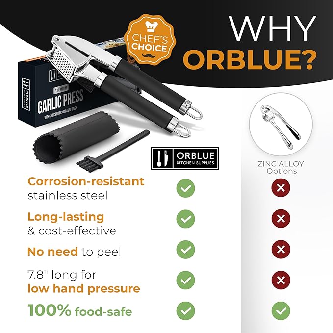 ORBLUE Garlic Press Stainless Steel - Premium Professional Grade Garlic Mincer, Crusher & Peeler Set - Easy Clean, Dishwasher Safe & Rust-proof, Black