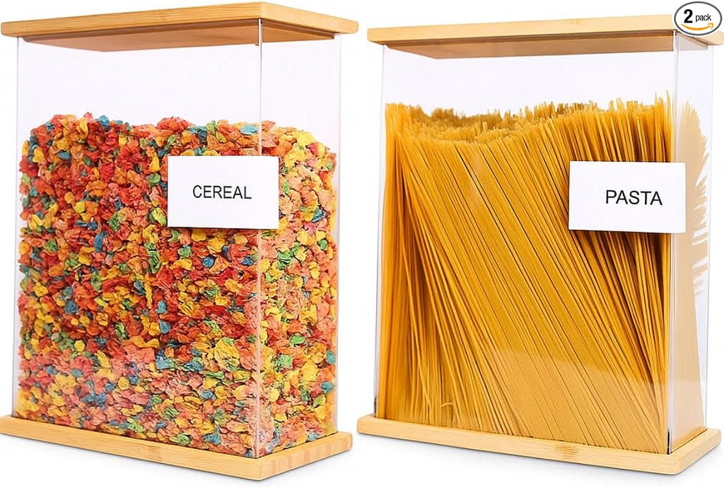 Bamboo Food Dispenser 2 Pack (Large) | Airtight Cereal & Snack Storage Containers | Acrylic Kitchen Organizer for Pantry | Rice, Flour, Candy, Coffee, Pasta, Dry Food Storage