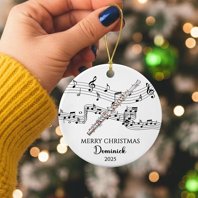 Customized Text/Year/Name Flute Player Ceramic Ornament, Personalized Xmas Ornaments Gift for Flautist Instrument Lover Brother Sister Dad Mom Daughter Son, Unique Flute Musical Ceramic Ornament
