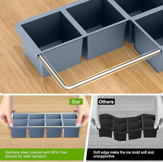 Samuelworld Large Silicone Ice Cube Tray Molds, 3-Pack, Big 2 Inch Cubes - Food Grade, Flexible, 8 Cavity Easy Release Slow Melting Ice for Whiskey, Cocktails, Gifts & Christmas - Green/Pink/Blue