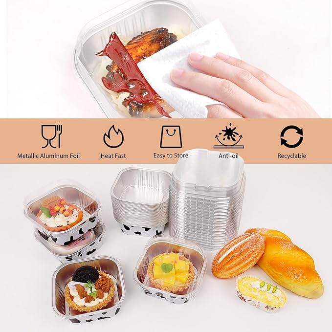 FORBFAN 150 Pcs Mini Square Baking Cups with Lids, 10 oz Mini Aluminum Cake Pans with Spoons, Small Baking Tins Cow Print