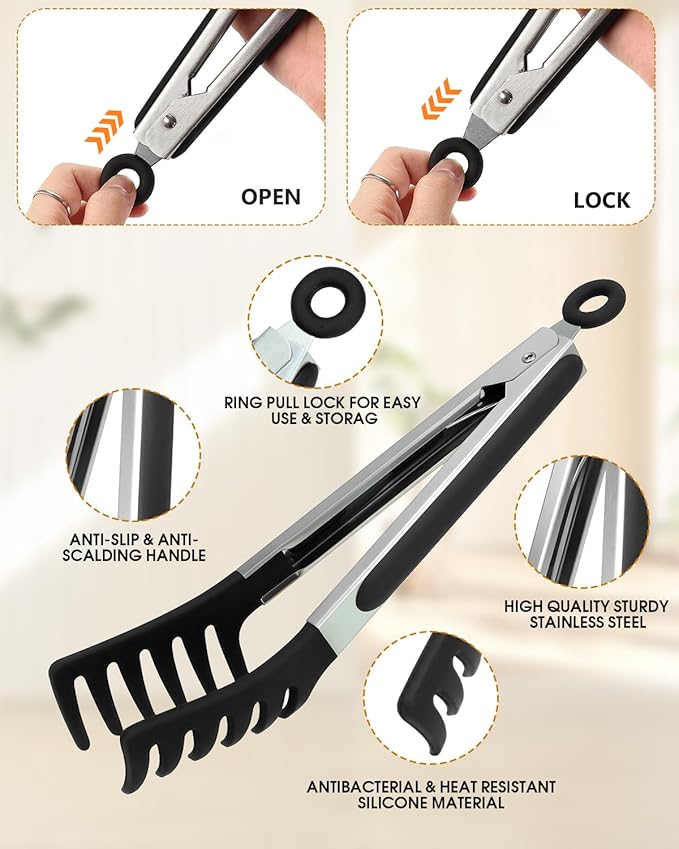 Spaghetti Spoon and Pasta Tong with Non-Slip Silicone Teeth, Food Clip for Spaghetti Noodle, Heat Resistant Kitchen Utensils with Storage Holes, Dishwasher Safe