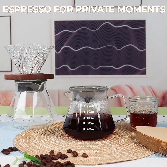 Pour Over Coffee Maker 600ml Borosilicate Glass Drip Coffeemaker Server Set with 100pcs V60 Cone Paper Filters Walnut Collar Glass Lid Clear Hand Brew Dripper Carafe for Home Camping Travel 20.29oz