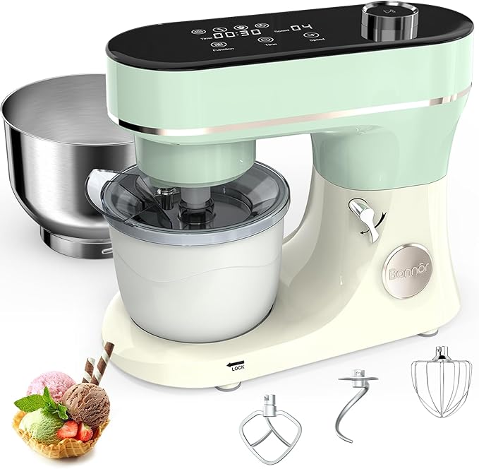 Stand Mixer Set, 6QT Kitchen Mixer with LED Touchscreen, 11-Speed Tilt-Head Mixer with Timer, 4 Preset Menus, Stainless Steel Bowl, Dough Hook, Whisk, Beater,Plus 2QT Ice Cream Maker Attachment