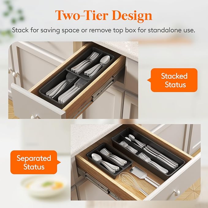 Lifewit Compact Silverware Organizer for Kitchen Drawer, Narrow Flatware Tray Holder, Plastic Cutlery Spoons, Forks and Knives Storage, Black, 1 Pack