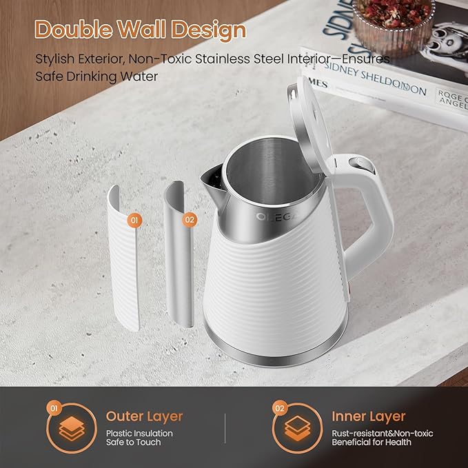 OLEGA 1.8L Electric Water Kettle: 1500W Electric Kettles for Boiling Water, BPA-Free Stainless Steel Electric Hot Water Kettle Auto Shut Off Water Boiler Tea Kettle Teapot for Tea Coffee, White