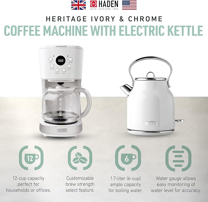 HADEN Coffee Machine, 12 Cup Drip Coffee Maker Bundled with Heritage 1.7 Liter Stainless Steel Electric Kettle, Ivory & Chrome