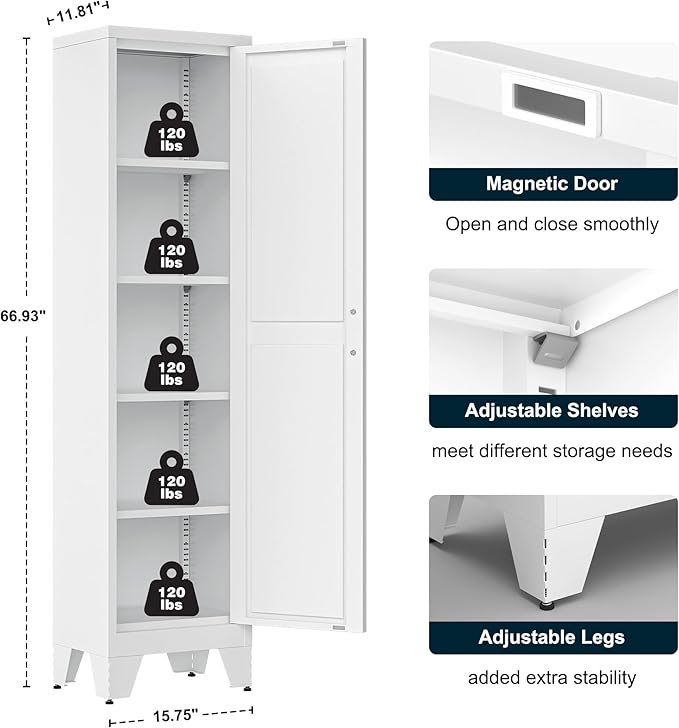 67" Tall Narrow Bathroom Metal Storage Cabinet with 4 Adjustable Shelves, Freestanding 5 Tier Slim Pantry Storage Cabinet for Small Space, White