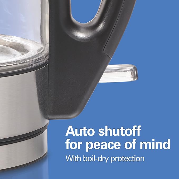 Hamilton Beach Glass Electric Tea Kettle, Water Boiler & Heater, 1 Liter, 1500 Watts for Fast Boiling, BPA Free, Cordless Serving, Auto-Shutoff & Boil-Dry Protection, Soft Blue LED (40930)