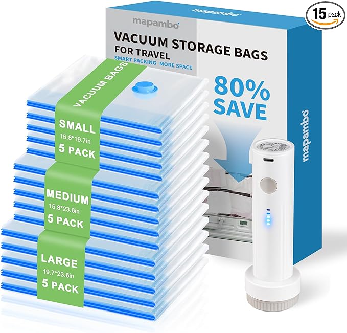 Mapambo Vacuum Seal Bags for Clothing Travel with Electric Pump, 15 Pack Vacuum Bags in 3 Combo sizes, Space Saver Vacuum Storage Bags, Reducing Luggage Volume by up to 80% (15 Combo Travel Size)