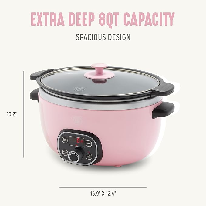 GreenLife 8QT Slow Cooker, Non-Toxic PFAS-Free Ceramic Nonstick Removable Interior Bowl, Programmable, Family Friendly, Keep Warm, Stovetop & Oven Safe, Dishwasher Safe Parts, Timer, Glass Lid, Pink