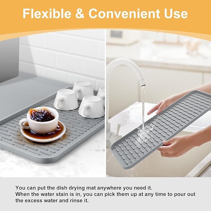 Silicone Coffee Mat,16'' x 16'' Coffee Bar Mat with Detachable Dish Drying Mat for Kitchen Countertops,Coffee Bar Accessories Fit Under Coffee Maker Coffee Machine Espresso Machine Dish Rack