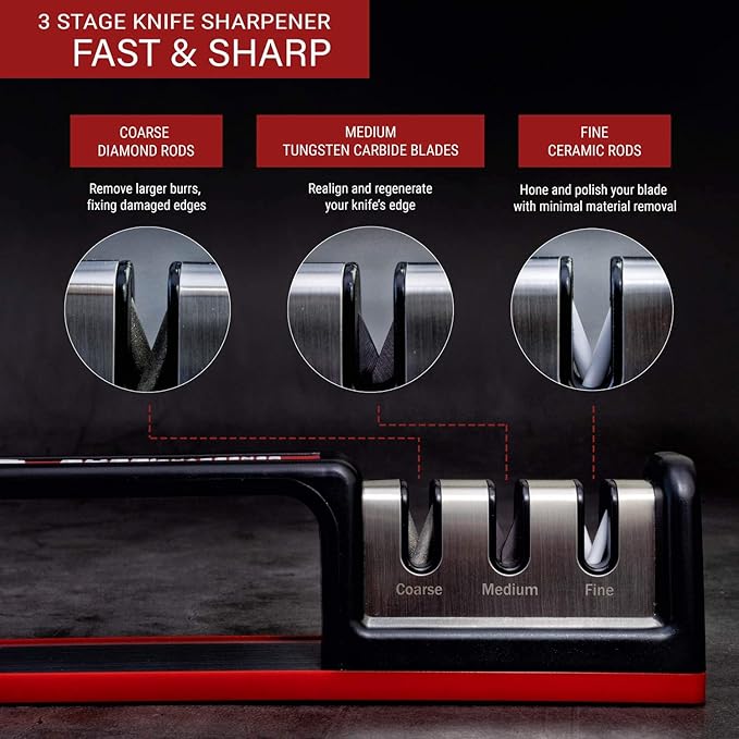 Kitchen Knife Sharpener - Complete 3-stage Knife Sharpener CS-T01 with Diamond Dust Rods, Sturdy Design, Non-slip Base Pat, Easy and Safe to Use, Fast and Effective Manual Sharpening Tool