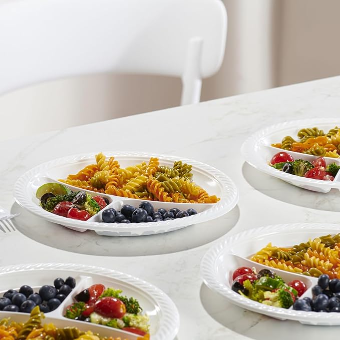 PLASTICPRO 9 inch Round Plastic Plates 3 Compartment - 3 Section Plates Microwaveable, Disposable, White, Dinnerware 200 Count