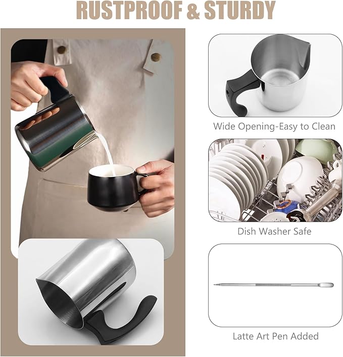 Milk Frothing Pitcher, 20oz Milk Frother Cup 304 Stainless Steel Steaming Pitcher with Art Pen Milk Coffee Jug Cup with Heat-resistant Handle and Scale