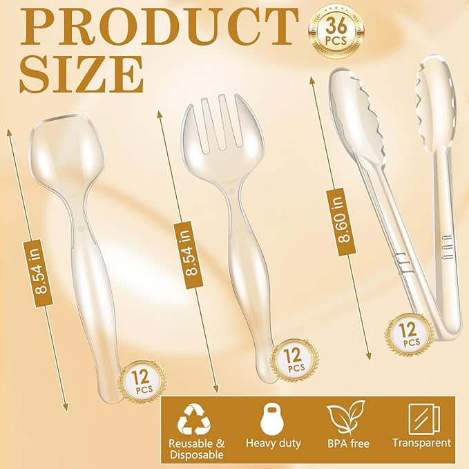 36Pcs Serving Utensils 9'' Large Plastic Serving Utensils Set Serving Spoons for Buffet Clear Disposable Plastic Tongs Heavy Duty Slotted Spoons/Forks Supplies for Party Food Salad Noodles Soup