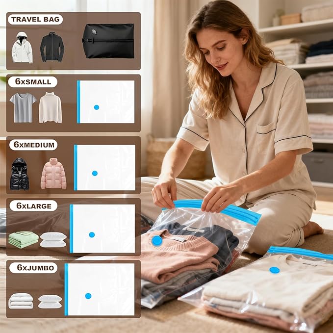 25 Pack Vacuum Storage Bags for Clothing Travel Vacuum Seal Bags With Wireless Pump IP67 Waterproof Reusable Vacuum Compression Bags for Clothing Luggage (1Travel Bag +6Small+6Middle+6Large+6Jumbo)
