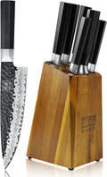 SHAN ZU 7-Piece Japanese Knife Set - 7 Layers 10Cr15MoV High Carbon Steel Kitchen Knifes Set with Block and Sharpener,Ultra-Sharp Chef Knife Set with G10 Handle