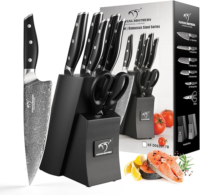 Damascus Knife Set with Block for Kitchen, VG10 Damascus Steel Kitchen Knife Set with Triple Rivet Handle, Chef Knife Set with Shears & Wooden Block, 7PCS