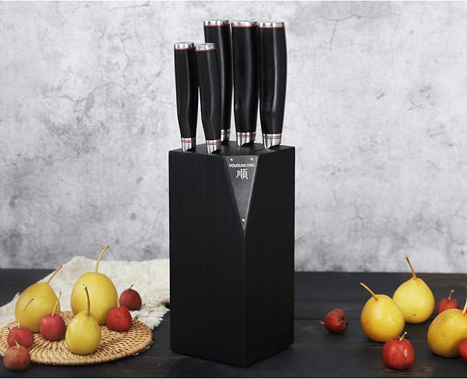 YOUSUNLONG Knife Block Sets - 5pcs Kitchen Knives Set with Natural Fraxinus Americana Holder - Japanese Hammered Damascus Steel Blade - Natural Ebony Handle with Gift Box