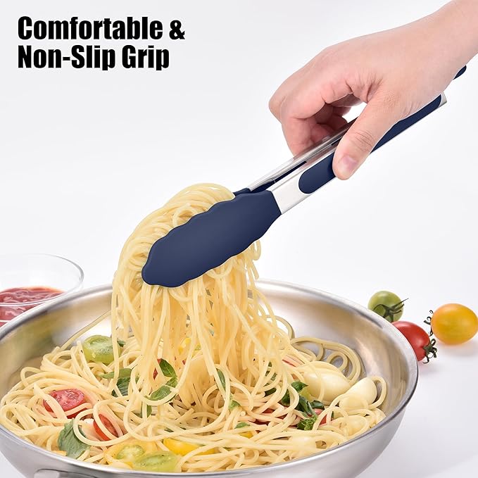 Doosu Kitchen Tongs for Cooking - 600°F Heat Resistant Food Tong with Non-Scratch Silicone Tips, Heavy Duty Stainless Steel Locking Tong for BBQ, Grilling Steak, Serving Salad Pasta (9in, Navy Blue)