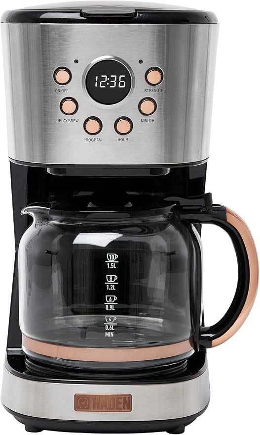 Haden Coffee Machine, 12 Cup Programmable Drip Coffee Maker with Auto Shut-Off Function and Reusable Washable Water Filter, Steel & Copper
