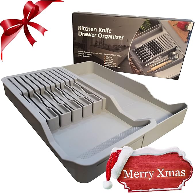 Knife Holder, In Drawer Knife Block Holder with Expandable Cutlery Tray Kitchen Drawer Organizer Insert-Holds 11 Knives for Save Space & Kitchen Safety (Drawer knife holder, Plastic)