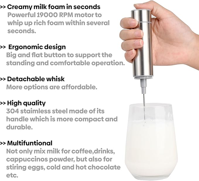 Electric Powerful Milk Frother, Stainless steel tube, Handheld Drink Mixer, Battery Operated Hand Frother Stirrer Wand-Rich Foam Maker for Coffee, Lattes, Cappuccino, Matcha,Chocolate & Creamer
