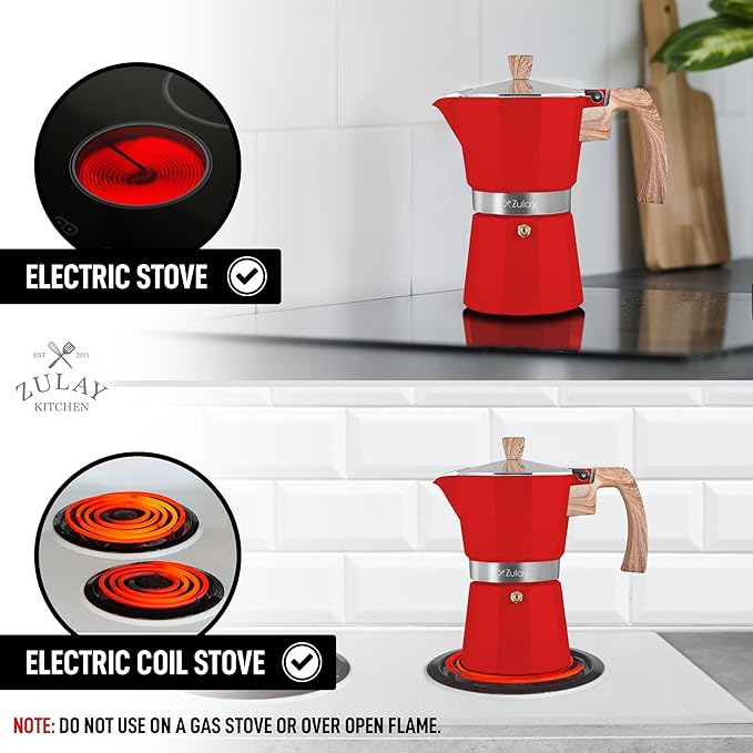 Zulay Kitchen Stovetop Espresso Maker - Moka Pot 3 Espresso Cups - Percolator Coffee Maker for Classic Cuban & Italian Style Espresso - Portable Coffee Maker for Camping & Travel - (Red)