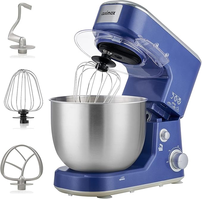 CUSIMAX Stand Mixer, 5-QT Stainless Steel Bowl Food Mixer, Tilt-Head Kitchen Electric Mixer with Dough Hook, Mixing Beater and Whisk, Splash Guard, Blue