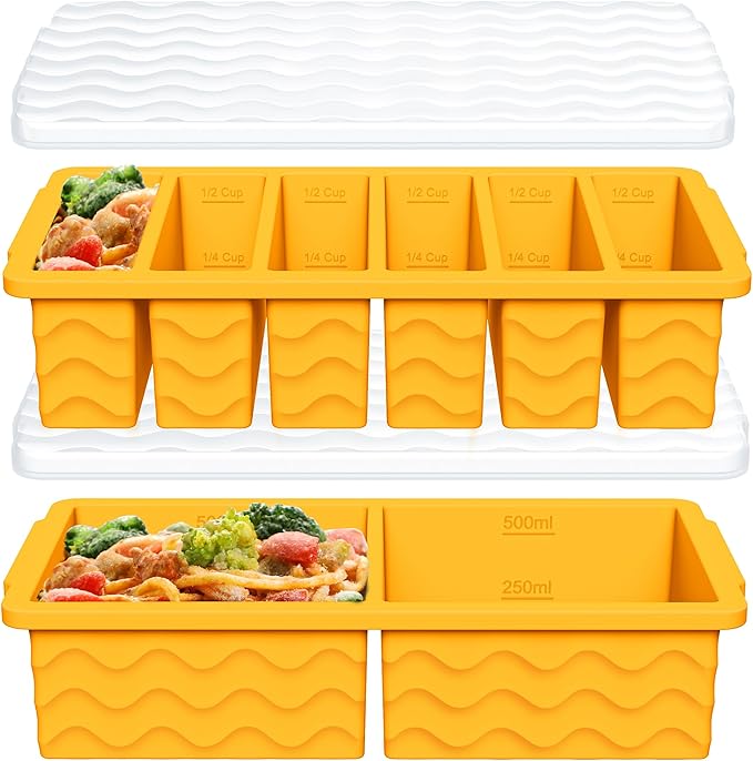 2-Pack Silicone Freezer Trays with Lid, 2 Large 2-Cup(500ml) & 6 Small 1/2-Cup(125ml) Soup Freezer Container Molds, Ice Cube Tray For Meal Prep & Freezing Soup, Stews, Sauces, Oven & Dishwasher-Safe
