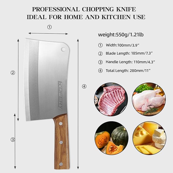 KOFERY 7.3-inch Chinese Bone Cleaver - Heavy Duty Butcher Knife Meat Chopper with Nature Wooden Handle, Perfect for Home Kitchen Use