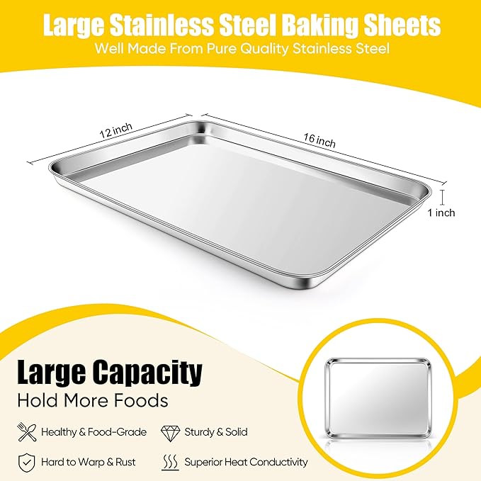 Homikit 1 Pack Baking Sheet, 16x12 Inch Stainless Steel Cookie Tray Set for Oven, Metal Jelly Roll Pan for Baking Cooking Toasting, Rustproof & Non Stick, Mirror Finish & Dishwasher Safe