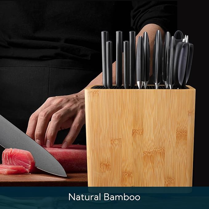 KITCHENDAO XL Bamboo Universal Knife Block Holder with Slots for Scissors and Sharpening Rod, Safe, Space Saver Knives Storage Stand Display without Knives, Unique Slot Design to Protect Blade