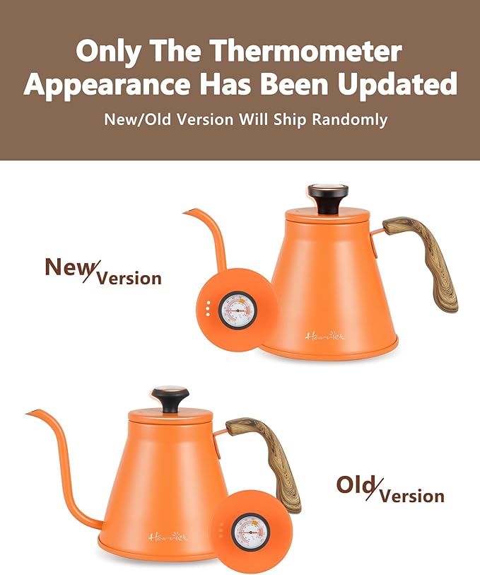 Harriet Gooseneck Kettle with Thermometer for Pour Over Coffee and Tea, 37 fl oz, Stainless Steel, Durable 3-Layer Base, Ideal Spout for Precision Pouring, Compatible with all Stove Tops, Orange