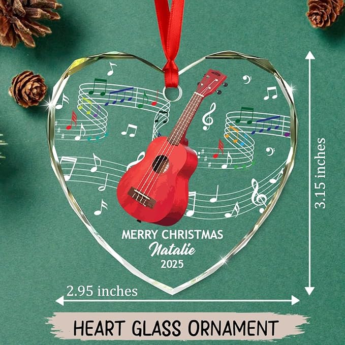 Personalized Ukulele Instrument Glass Christmas Ornament, Customized Text Year Name Keepsake Xmas Ornaments Gift for Ukulele Player/Lover, Ukuleles Musical Instrument Glass Ornament for Appreciation