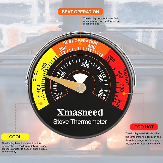 Wood Stove Magnetic Thermometer, Oven Temperature, Top Stove Thermometer for Wood Stoves, Gas, Pellet, Overheat Safety