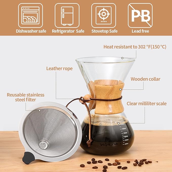 Pour Over Coffee Maker 27 OZ, 8 Cup Borosilicate Glass Drip Coffee Maker with Reusable Stainless Steel Filter and Cork Grip for Home Café 800 ML