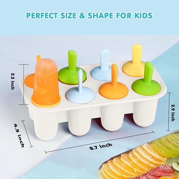 Miaowoof Silicone Popsicles Molds for Toddlers, 8-Cavity Non-BPA Premium Silicone Small Popsicle Molds, Ice Pop Mold with 8 Colorful Reusable Sticks for Kids (White)