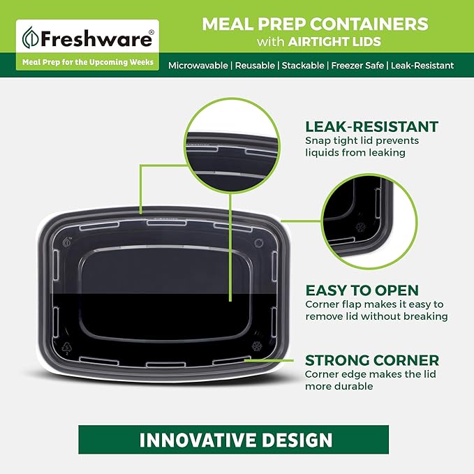 Freshware Meal Prep Containers [300 Pack] 1 Compartment with Lids, Food Storage Containers, Bento Box, BPA Free, Stackable, Microwave/Dishwasher/Freezer Safe (24 oz)