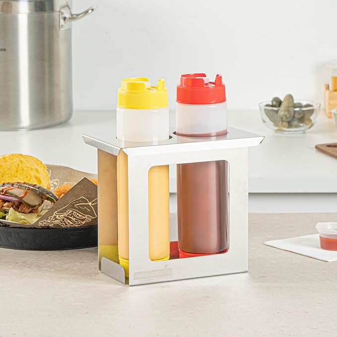 Restaurantware Squeeze Bottle Holder Pack of 1 Stainless Steel 2 Hole Bottle Holder, 2.5" Diameter Fits 1/9 Size Opening, Dishwasher Friendly Integrated Lip Design Holder for Condiment Bottles