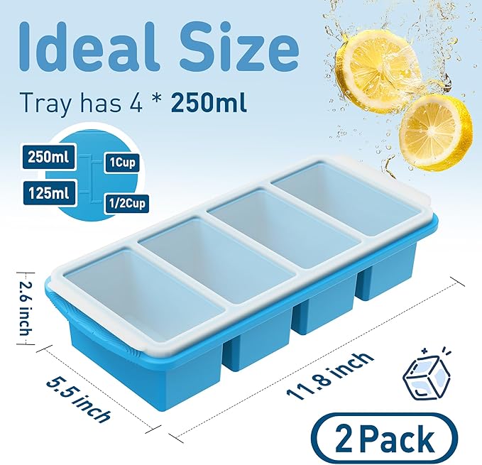 Silicone Freezer Tray with Lid Soup Freezer Container Molds with Steel Reinforced Rim for Freezing Soup Sauce Broth Leftovers large Ice Cube Molds Oven Dishwasher Safe Ice Trays for Freezer with Bin